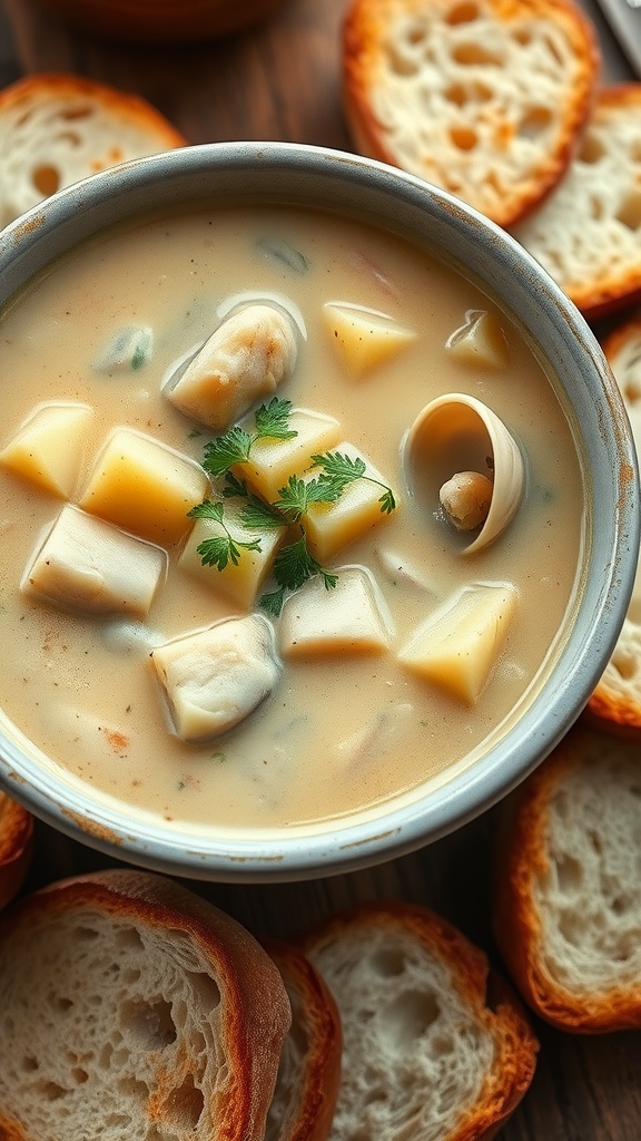 A delicious bowl of clam chowder garnished with parsley, alongside crusty bread on a wooden table.